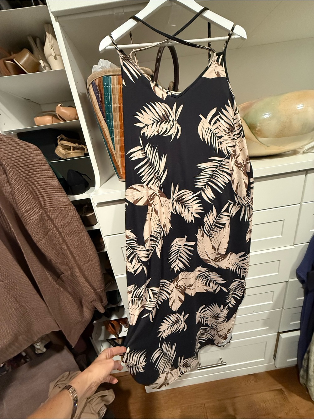 Black Maxi Slip Dress with Beige Tropical Print